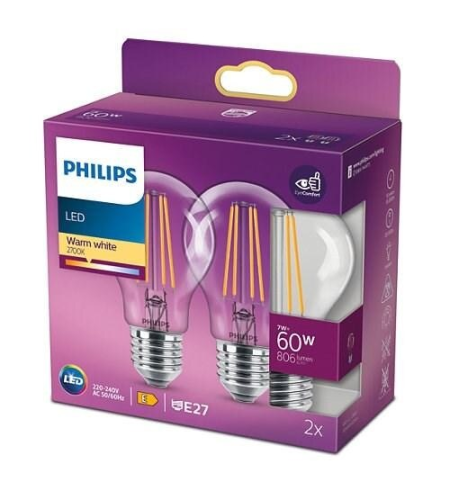 Lamps, 2 x E27 (LED) 7W 2700K (extra warm white) 806lm CRI80 230V, glass, clear glass, class E. Size: ø60x106mm.
